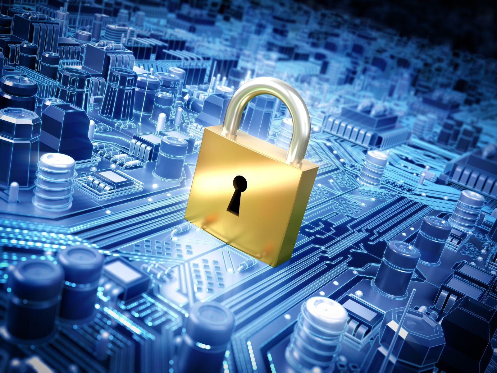 Lucchetto su un circuito elettronico, a simboleggiare la protezione dei dati